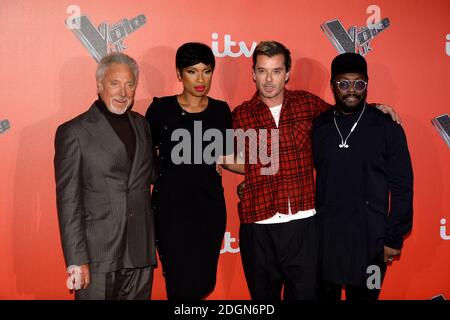 Sir Tom Jones (von links nach rechts), Jennifer Hudson, Gavin Rossdale und will.i.am nehmen an der Voice UK Vorstellung im Millbank Tower, London Teil. Bildnachweis sollte lauten: Doug Peters/EMPICS Entertainment Stockfoto