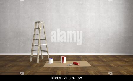 Blank Wohnzimmer mit Leiter renovieren - 3D Illustration Stockfoto