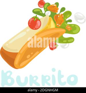Mexikanische Burrito-Ikone. Traditionelle mexikanische Küche. Kawaii Illustration für Menübeschriftung, Banner, Branding. Dönerrolle mit Hühnerfleisch und Gemüse Stock Vektor