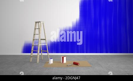 Blank Wohnzimmer mit Leiter renovieren - 3D Illustration Stockfoto
