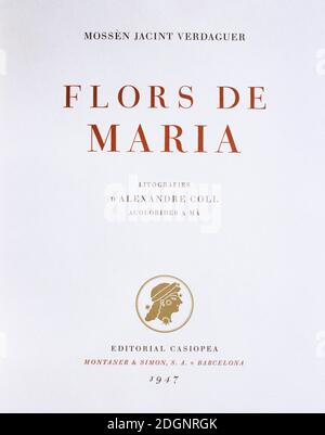 Flors de Maria, 1902, von Jacint Verdaguer Santalo (1845-1902). Titelbild der ersten Ausgabe 1947. Editorial Casiopea. Spanien, Katalonien. Stockfoto