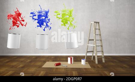 Blank Wohnzimmer mit Leiter renovieren - 3D Illustration Stockfoto