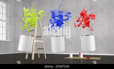 Blank renovieren Wohnzimmer mit Leiter und Farbe Spritzer Eimer - 3D Illustration Stockfoto