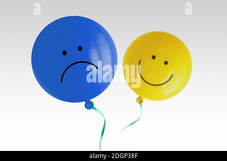 Blauer trauriger Ballon und gelber glücklicher Ballon fliegen fort Weißer Hintergrund - Prävalenz der negativen über positive Stimmung Konzept Stockfoto