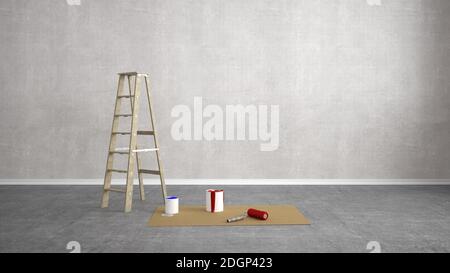 Blank Wohnzimmer mit Leiter renovieren - 3D Illustration Stockfoto
