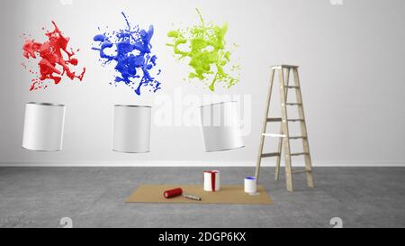 Blank Wohnzimmer mit Leiter renovieren - 3D Illustration Stockfoto