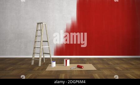 Blank Wohnzimmer mit Leiter renovieren - 3D Illustration Stockfoto