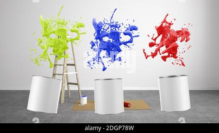 Blank renovieren Wohnzimmer mit Leiter und Farbe Spritzer Eimer - 3D Illustration Stockfoto