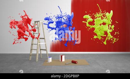 Blank renovieren Wohnzimmer mit Leiter und Farbe Spritzer Eimer - 3D Illustration Stockfoto