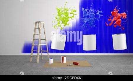 Blank renovieren Wohnzimmer mit Leiter und Farbe Spritzer Eimer - 3D Illustration Stockfoto