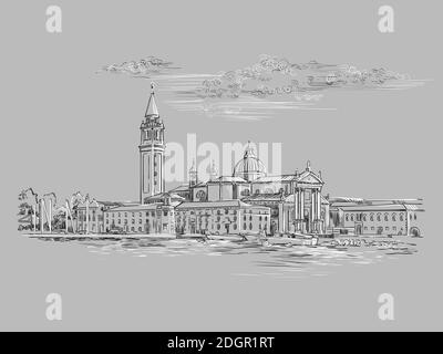 Vektor Hand Zeichnung Skizze Illustration von Venedig Panorama Skyline Ansicht. Venedig handgezeichnete Skizze in monochromen Farben isoliert auf grauem Hintergrund. Tr Stock Vektor