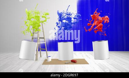 Blank renovieren Wohnzimmer mit Leiter und Farbe Spritzer Eimer - 3D Illustration Stockfoto