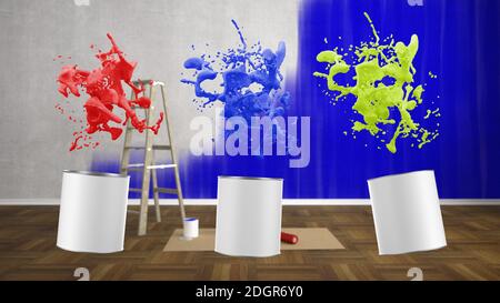 Blank renovieren Wohnzimmer mit Leiter und Farbe Spritzer Eimer - 3D Illustration Stockfoto