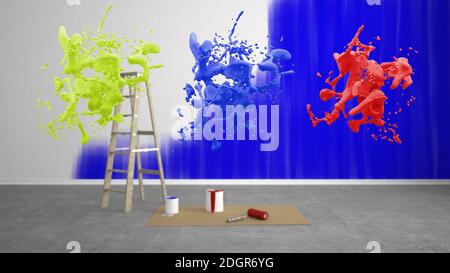 Blank renovieren Wohnzimmer mit Leiter und Farbe Spritzer Eimer - 3D Illustration Stockfoto