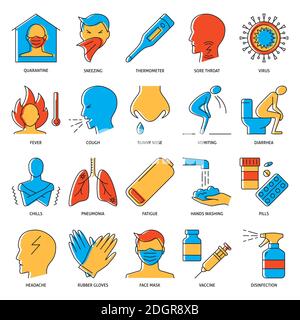 Grippesymbol und Covid-Symbol in farbiger Linienführung. Medizinische Sammlung mit Influenza- und Coronavirus-Zeichen und Schutzsymbolen. Vektorgrafik. Stock Vektor