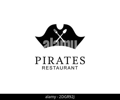 Piratenhut mit Löffel und Gabel für Restaurant auf dem Schiff / Kreuzfahrt / Yacht Logo Design Stock Vektor