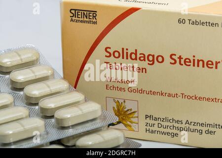 KIEW, UKRAINE - 17. FEBRUAR 2019: Solidago Steiner Tabletts Pack von Aristo Pharma. Die Aristo Pharma GmbH wurde 2008 in Berlin gegründet. Stockfoto