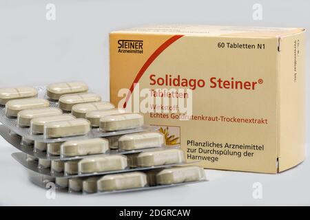 KIEW, UKRAINE - 17. FEBRUAR 2019: Solidago Steiner Tabletts Pack von Aristo Pharma. Die Aristo Pharma GmbH wurde 2008 in Berlin gegründet. Stockfoto