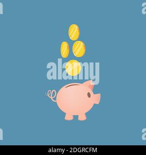 Sparschwein mit Münzen in den Schlitz fallen Stock Vektor