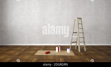 Blank Wohnzimmer mit Leiter renovieren - 3D Illustration Stockfoto