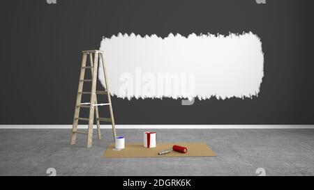 Blank Wohnzimmer mit Leiter renovieren - 3D Illustration Stockfoto