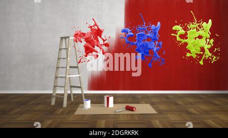 Blank renovieren Wohnzimmer mit Leiter und Farbe Spritzer Eimer - 3D Illustration Stockfoto