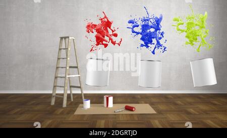 Blank renovieren Wohnzimmer mit Leiter und Farbe Spritzer Eimer - 3D Illustration Stockfoto