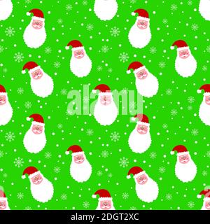 Nahtloses Muster mit Weihnachtsmann und Schneeflocken auf grünem Hintergrund. Weihnachten Hintergrund. Cartoon Santa Kopf verschneiten Design. Niedliches Geschenkpapier. Lustig Stockfoto