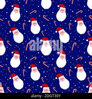 Nahtloses Muster mit Weihnachtsmann und Zuckerrohr auf blauem Hintergrund. Weihnachten Hintergrund. Cartoon Santa Kopf verschneiten Design. Niedliches Geschenkpapier. Lustig Stockfoto