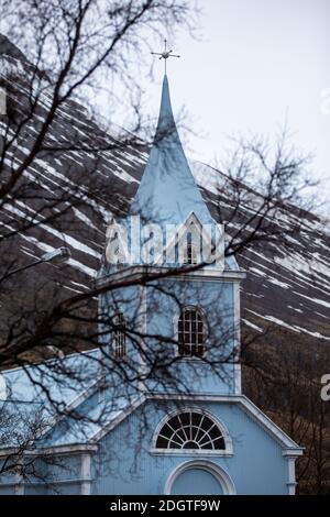 Seydisfjardarkirkja Blaue Kirche in Seydisfjordur in Island Stockfoto