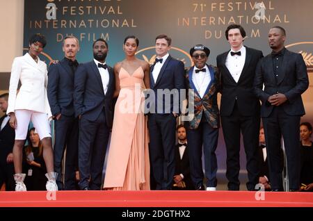 Damaris Lewis, Jasper Paakkonen, John David Washington, Laura Harrier, Topher Grace, Regisseur Spike Lee, Adam Driver und Corey Hawkins bei der BlacKkKlansman Premiere im Palais De Festival, Teil der 71. Filmfestspiele von Cannes. Stockfoto