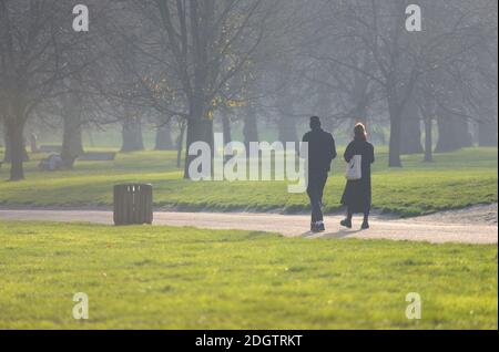 London, England, Großbritannien. Menschen gehen an einem nebligen Tag im Green Park, Dezember 2020 Stockfoto