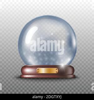 Realistischer Vektor Weihnachten Schneeglaskugel auf einem Holzsockel mit goldener Platte auf transparentem Hintergrund. Stock Vektor