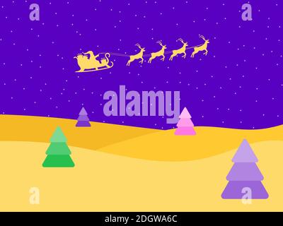 Der Weihnachtsmann fliegt in einem Schlitten mit Rentieren. Bunte Abendlandschaft mit Tannen. Festliches Design für Grußkarte, Poster und Banner. V Stock Vektor