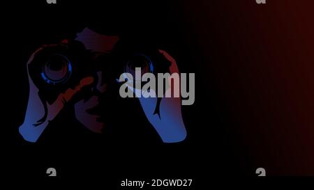 Mann in der Dunkelheit verwenden binokular zu spionieren oder zu überwachen Objekt. Business Metapher Scouting. Mit Leerraum für Kopie Raum Vektor Illustration Stock Vektor