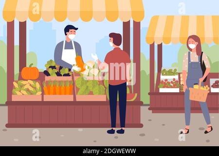 Menschen kaufen Gemüse und Obst auf dem Bauernmarkt Vektor-Illustration. Cartoon Landwirt Verkäufer und Käufer Charaktere tragen Gesichtsmasken, sichere Lebensmitteleinkäufe mit Schutzmaßnahmen gegen Coronavirus Stock Vektor