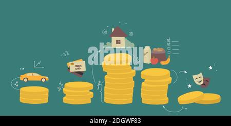 Verteilung der Budgetfamilie. Ein Diagramm der Verteilung von Geldmünzen zu Spalten, Visualisierung der Kosten für typische Ausgaben - Hypothek, Kredit Stock Vektor