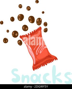 Snack-Produkte oder Fast-Food-Snacks isoliert auf weißem Hintergrund. Flache kawaii Illustration im Vektor. Junk Food Süßigkeiten in roter Plastikverpackung. Ball Stock Vektor