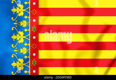 3D-Flagge der Gemeinschaft Valencia, Spanien. 3D-Darstellung. Stockfoto