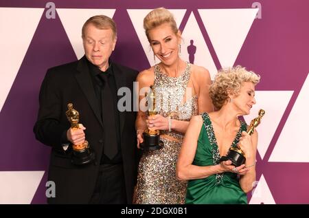 Greg Cannom, Kate Biscoe und Patricia Delaney mit dem Preis für das beste Make-up und Hairstyling für Vice im Presseraum bei den 91. Academy Awards im Dolby Theater in Hollywood, Los Angeles, USA Stockfoto