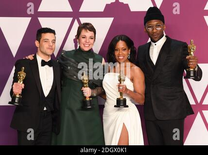 Rami Malek, Gewinnerin der Kategorie „Bester Darsteller“ für „Bohemian Rhapsody“; Olivia Colman, Gewinnerin der Kategorie „Beste Darstellerin“ für „The Favorite“; Regina King, Gewinnerin der Kategorie „Beste Nebendarstellerin“ für „If Beale Street Could Talk“; Und Mahershala Ali, Gewinner des besten Nebendarsteller für "Green Book" im Presseraum bei den 91. Academy Awards im Dolby Theater in Hollywood, Los Angeles, USA. Bildnachweis sollte lauten: Doug Peters/EMPICS. Stockfoto