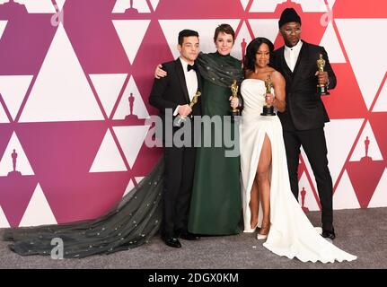 Rami Malek, Gewinnerin der Kategorie „Bester Darsteller“ für „Bohemian Rhapsody“; Olivia Colman, Gewinnerin der Kategorie „Beste Darstellerin“ für „The Favorite“; Regina King, Gewinnerin der Kategorie „Beste Nebendarstellerin“ für „If Beale Street Could Talk“; Und Mahershala Ali, Gewinner des besten Nebendarsteller für "Green Book" im Presseraum bei den 91. Academy Awards im Dolby Theater in Hollywood, Los Angeles, USA. Bildnachweis sollte lauten: Doug Peters/EMPICS. Stockfoto