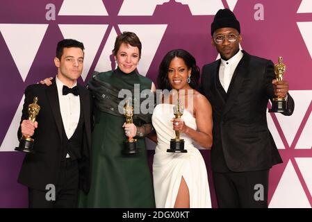 Rami Malek, Gewinnerin der Kategorie „Bester Darsteller“ für „Bohemian Rhapsody“; Olivia Colman, Gewinnerin der Kategorie „Beste Darstellerin“ für „The Favorite“; Regina King, Gewinnerin der Kategorie „Beste Nebendarstellerin“ für „If Beale Street Could Talk“; Und Mahershala Ali, Gewinner des besten Nebendarsteller für "Green Book" im Presseraum bei den 91. Academy Awards im Dolby Theater in Hollywood, Los Angeles, USA. Bildnachweis sollte lauten: Doug Peters/EMPICS. Stockfoto