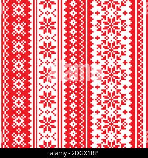 Weihnachten skandinavischen Vektor nahtlose Muster - rot und weiß festliche Stricken, Kreuzstich vertikal orientierte Design mit Schneeflocken Stock Vektor