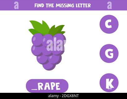 Finde den fehlenden Buchstaben mit niedlichen Cartoon-Trauben. Pädagogische Rechtschreibung Spiel. Stock Vektor