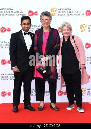 Rahul Mandal, Prue Leith und Sandi Toksvig bei den Virgin Media BAFTA TV Awards in der Royal Festival Hall in London. Bildnachweis sollte lauten: Doug Peters/EMPICS Stockfoto