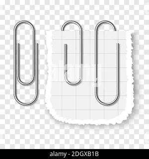 Set aus silbernen Metallic realistische Büroklammer auf transparentem Hintergrund. Drei Büroklammern mit weichem Schatten-Template für Ihr Design Stock Vektor