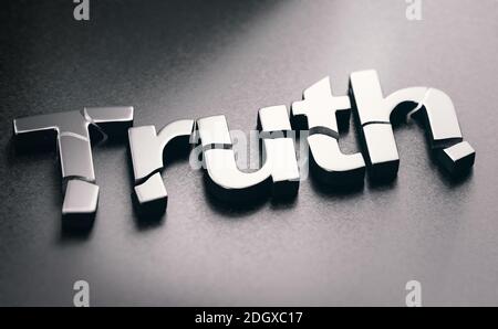 3D-Illustration des Wortes Wahrheit über schwarzen Hintergrund gebrochen. Konzept der Desinformation und Fake News. Stockfoto