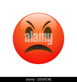 Vektor Emoji rot wütend traurig Gesicht mit Augen und Mund auf weißem Hintergrund. Lustige Cartoon Emoji-Symbol. 3D-Illustration für Chat oder Nachricht. Stock Vektor