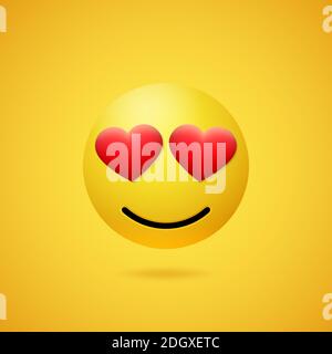 Emoticon verliebt in rote herzförmige Augen und Mund auf gelbem Hintergrund. Vektor lustige gelbe Karikatur Emoji-Symbol. 3D-Illustration für den Chat Stock Vektor